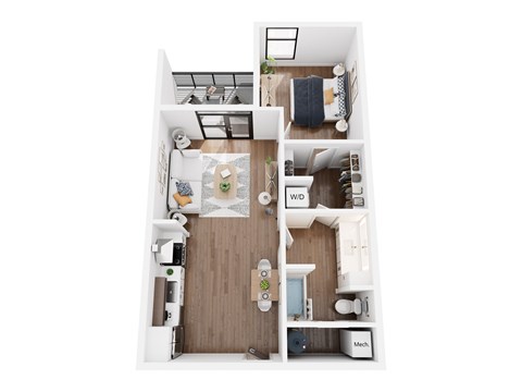 Floor plan for 1 bed, 1 bath, 633 sqft